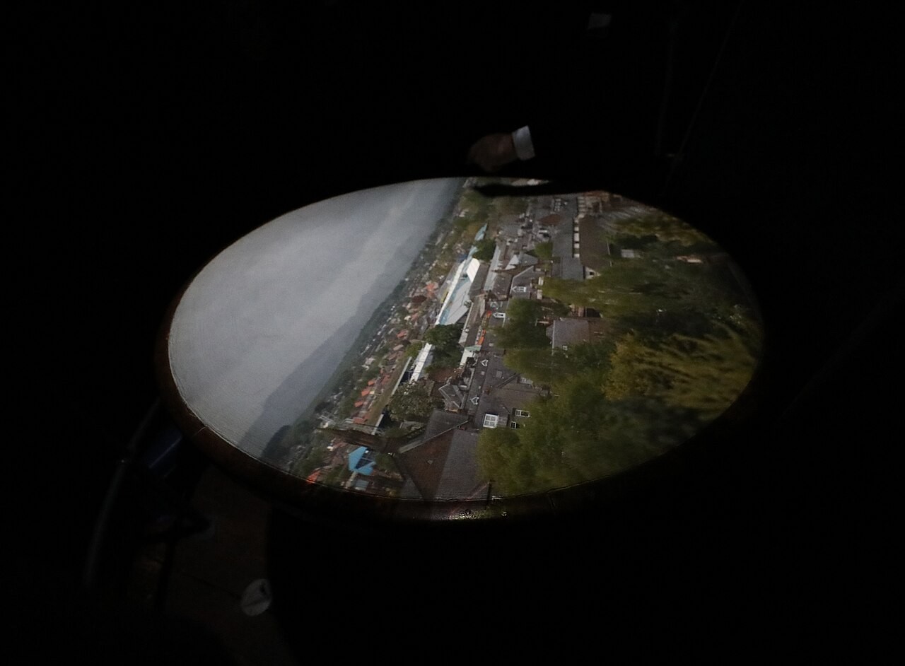 A projected outdoor scene on the viewing table inside the Dumfries Museum camera obscura