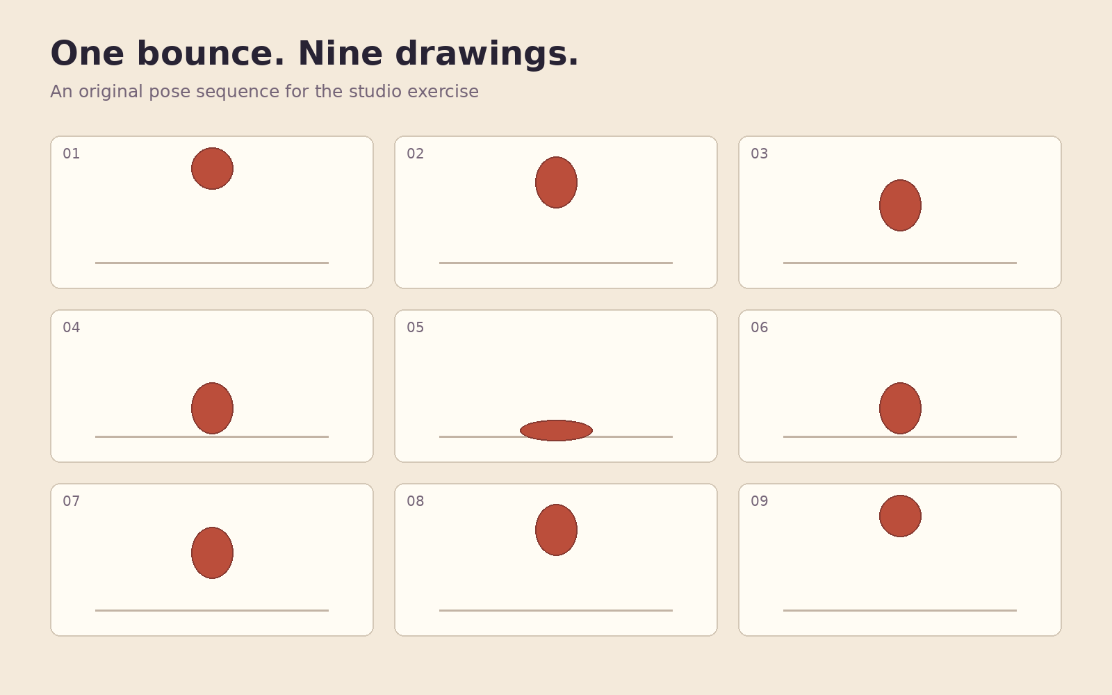 Original nine-panel pose sequence of a red ball dropping, squashing at impact and rising again.